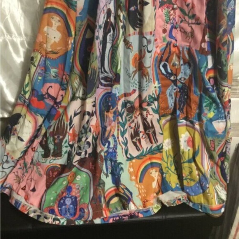 Green Art Puff Sleeve Corset Linen Abstract Floral A- Line Midi Dress XL - Picture 14 of 16